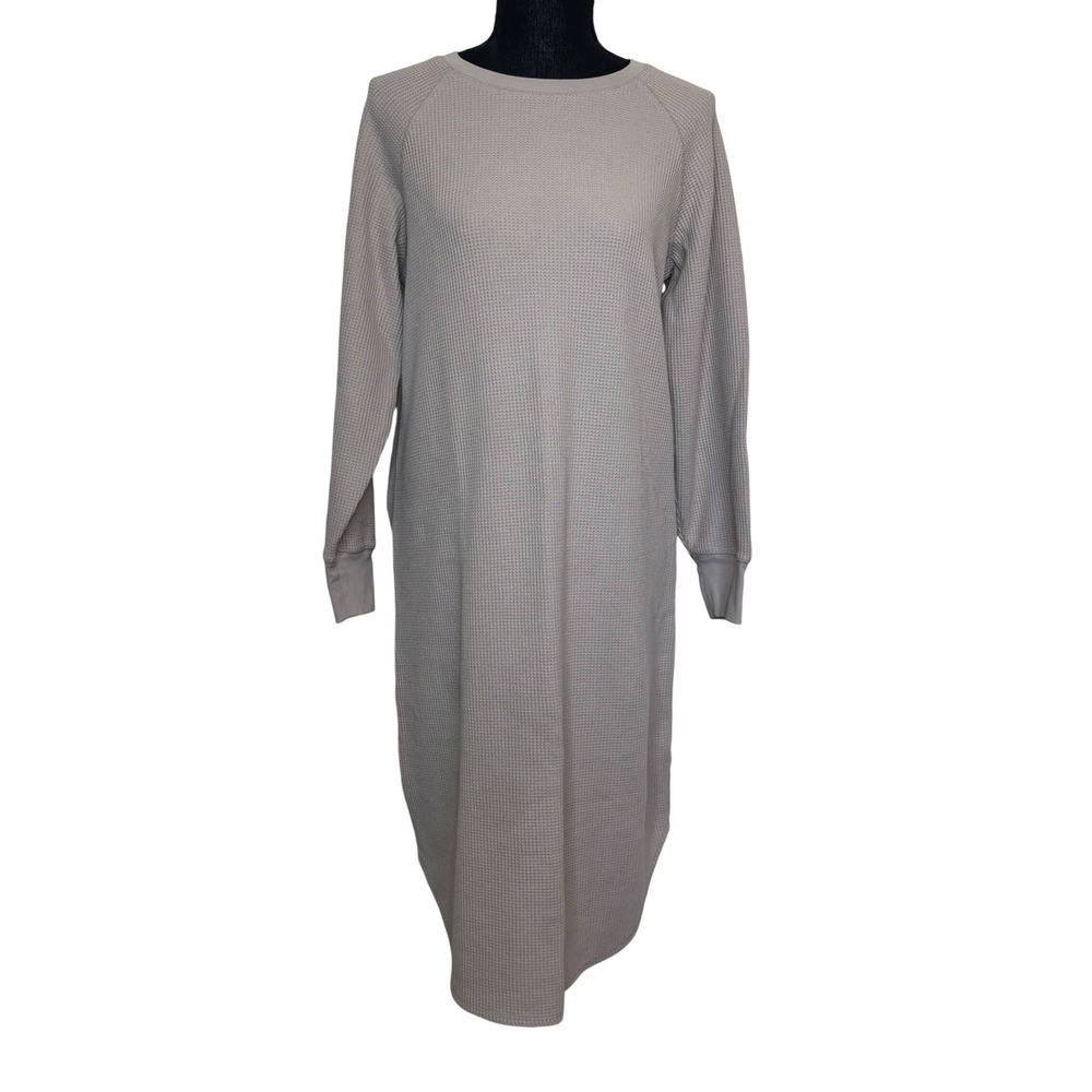 Uniqlo Waffle Crew Neck Long Sleeve Dress Taupe Mauve Midi Womens L